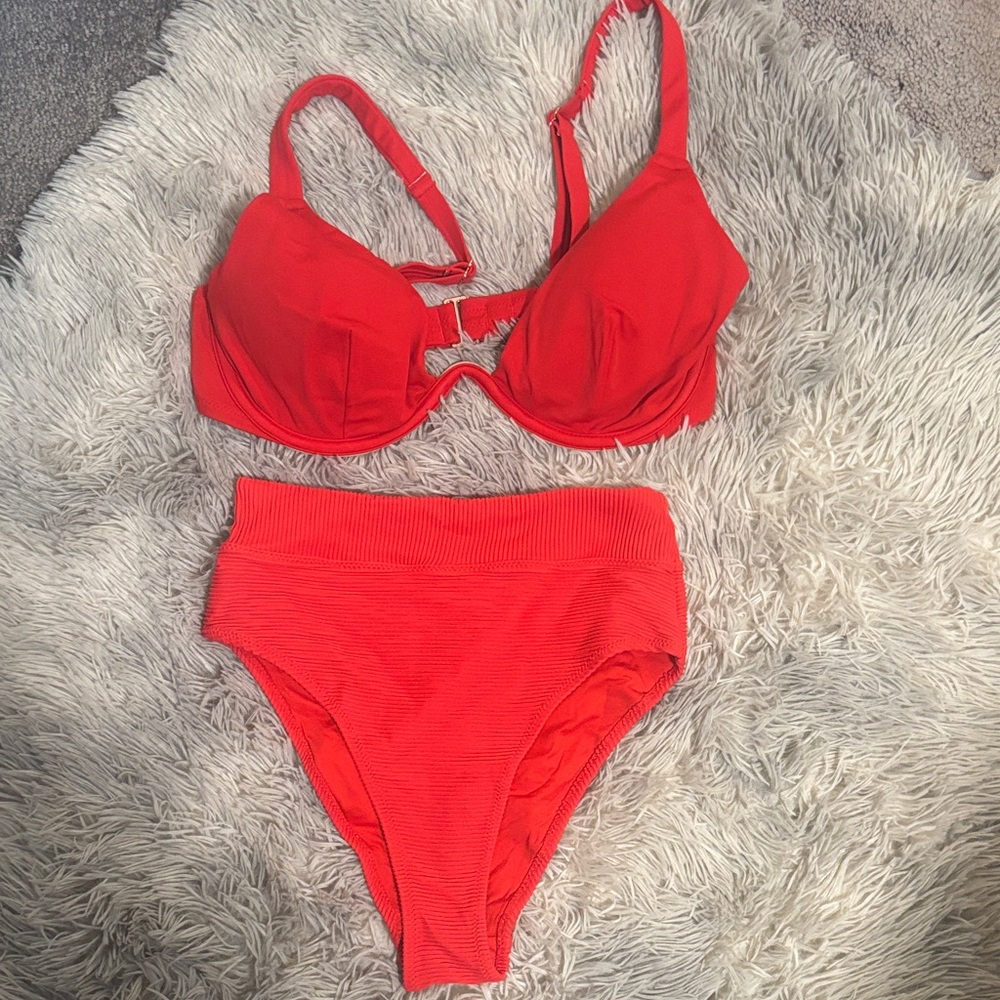 H&M Red Ribbed High-Waist Bikini Set